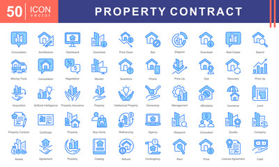 Property Contract icon collection set. Containing buildings, housing, residential, consultation, negotiation, management, rent, license agreement, property insurance, partnership, Acquisition icon.