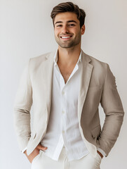 Confidently Chic: A charismatic young man exudes sophistication and charm in a linen blazer and white shirt, showcasing a relaxed yet polished style for modern gentlemen.  