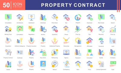 Property Contract icon collection set. Containing buildings, housing, residential, consultation, negotiation, management, rent, license agreement, property insurance, partnership, Acquisition icon.