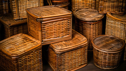 A collection of woven baskets in various shapes and sizes, ideal for storage.