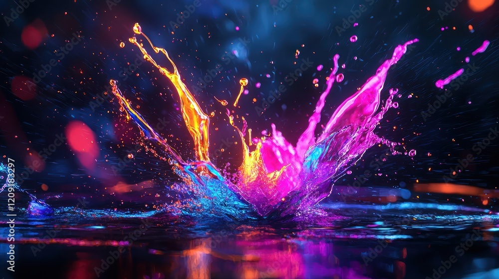 Poster dynamic splashes of neon colors exploding in slow motion, captured in ultra-sharp detail against a d