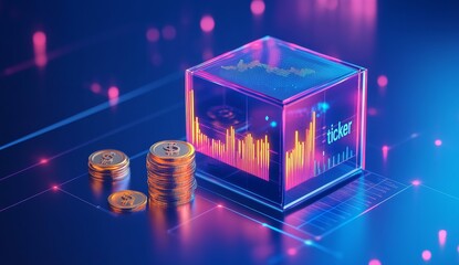 Digital currency, financial data visualized in a transparent cube with stacks of gold coins.