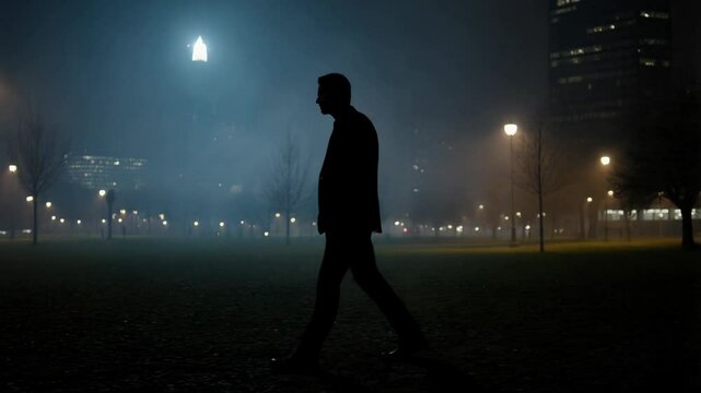 Silhouette of a man walking alone in park during a foggy night time