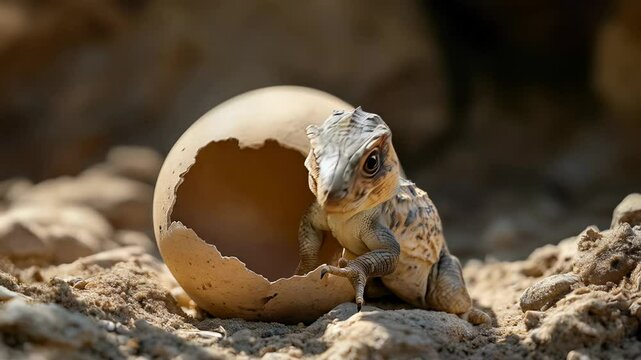 Cute baby lizard hatching from egg with detailed skin and small claws
