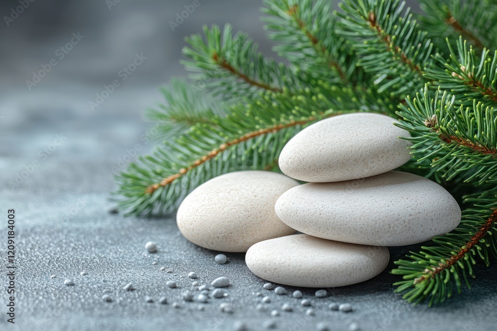 Poster white stone display podium with pine branches in serene scandinavian style 3d rendering