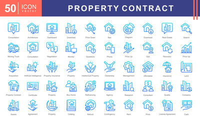 Property Contract icon collection set. Containing buildings, housing, residential, consultation, negotiation, management, rent, license agreement, property insurance, partnership, Acquisition icon.
