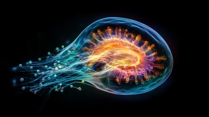 Fototapeta premium Cytoplasmic Streaming in vibrant jellyfish on dark background