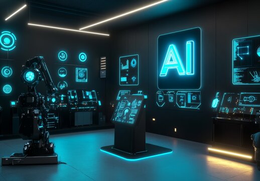 Futuristic AI lab with robot arm and holographic displays.