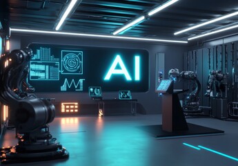 Futuristic AI lab with robotic arms and digital displays.