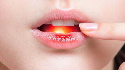 Fototapeta premium Close-up of lips with aphthous ulcer A close-up image of glossy lips highlighting a glowing red aphthous ulcer, illustrating oral health issues and discomfort