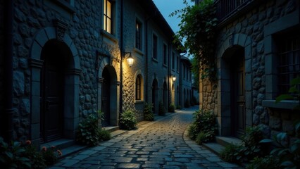 Obraz premium Evening Ambiance of a Cobblestone Street Lined with Ancient Stone Buildings, Illuminated by Gentle Lamplight