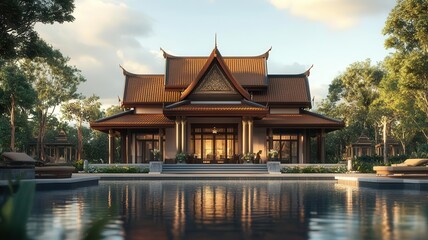 Naklejka premium wall components flat design front view traditional Thai house water color