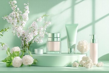 A spring-inspired 3D podium scene with a pastel green color palette, perfect for promoting feminine...