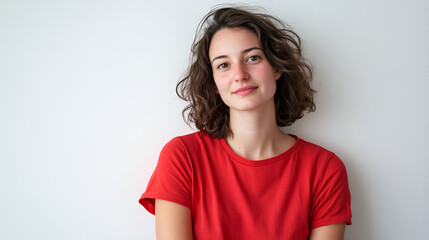 Obraz premium Confident Young Woman: Portrait of a young woman with short, curly brown hair, wearing a red t-shirt, offering a gentle, confident smile directly at the camera.