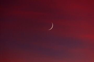 A crescent moon is shining brightly in the sky above a red background