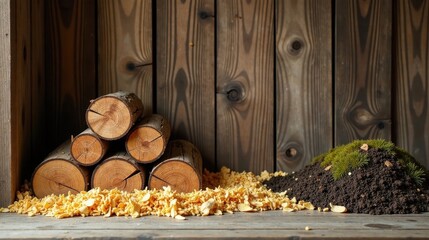 Rustic Wooden Crate Display Featuring Stacked Logs and Scattered Wood Shavings with a Miniature Mossy Hill