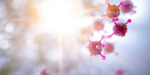 Naklejka premium Artistic depiction of T cells attacking cancer cells in bright environment