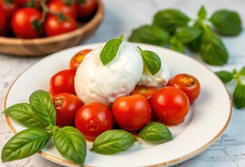 beautifully plated serving of creamy burrata cheese, surrounded by vibrant, fresh basil leaves and juicy cherry tomatoes