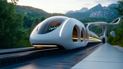 Fototapeta premium Futuristic Train Station with High-Speed Train in Scenic Landscape
