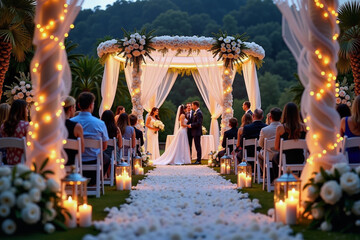Fototapeta premium Couple exchanging vows under decorated arch at twilight, wedding magic