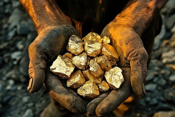 Miner's hands hold gold nuggets, mine background, sunset.