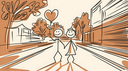 Two stick figures walk together, holding a heart-shaped balloon, symbolizing Random Acts of Kindness Day. Spread joy and make a difference with small gestures of kindness