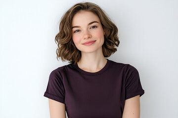 Fototapeta premium Confident and Natural Beauty: A young woman with short, wavy brown hair radiates confidence and warmth with a genuine smile.