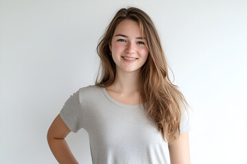 Obraz premium Smiling Young Woman: A portrait of a young woman with shoulder-length light brown hair, a gentle smile, and a friendly expression, wearing a simple gray t-shirt.