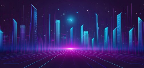 Obraz premium An infinite futuristic cityscape made of glowing purple and blue wire frame structures, forming digital skyscrapers, atmosphere technology