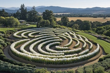 Naklejka premium Aerial view of a circular flower maze in a garden, hills in the background. Use Tourism brochure