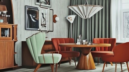 elevate your space with creative elegance: a contemporary dining room featuring mismatched chairs, statement light fixture, and textured walls – perfect as a poster for stylish interiors!