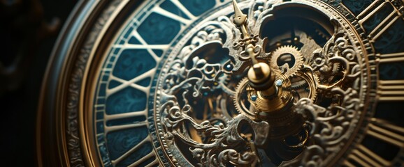 This close-up captures the beauty of an antique clock, highlighting its ornate design and intricate mechanisms that symbolize the concept of timelessness in exquisite detail