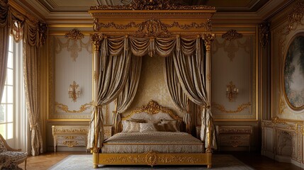 A regal French chateau-inspired vintage bedroom with a gold-accented canopy bed