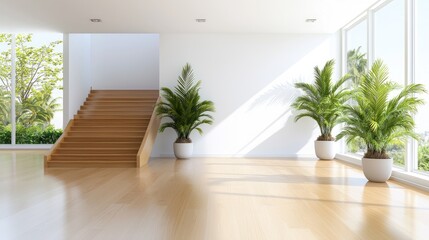 Fototapeta premium Modern empty room with wooden staircase, potted palm plants, and large windows letting in bright natural light.