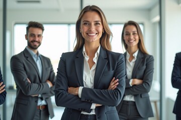 Confident Smiling Hispanic Businesswoman Standing in Front of Her Team, Team Leader, Happy female company executive, smiling businesswoman entrepreneur corporate leader Hr manager.