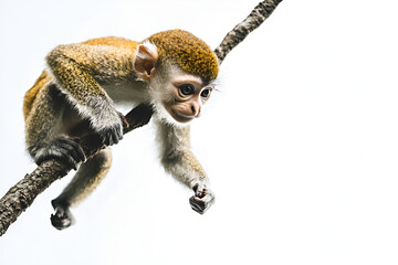 Little Monkey on Branch: An adorable baby monkey clings to a tree branch, its curious gaze captivating the viewer.  The image showcases the primate's delicate features and natural habitat.