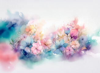Obraz premium A watercolor painting of pastel flowers, blossoms, and leaves arranged in a horizontal flowing composition. Soft color palette and abstract watercolor washes create a dreamy, romantic mood.