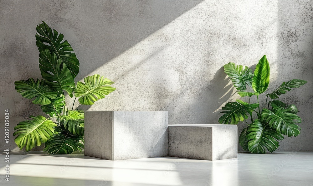 Poster concrete sculpture minimalist display with monstera leaf on white background 3d rendering