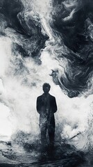 Obraz premium Turbulent Soul: A Monochromatic Figure in a Sea of Emotion