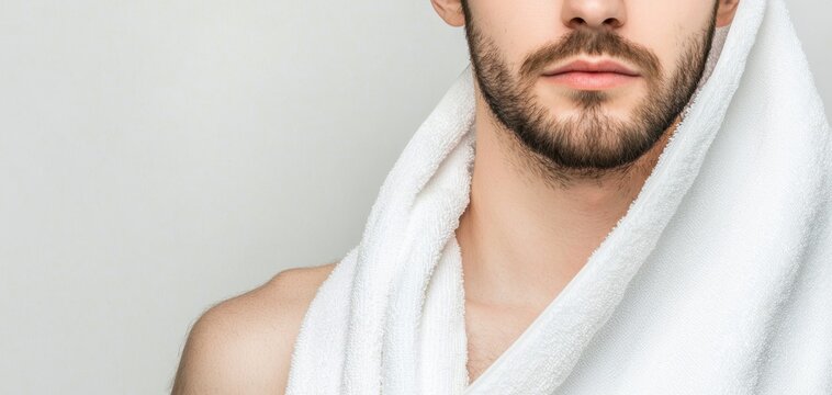 Relaxed close-up of a man embracing self-care, wrapped in a white towel, ideal for skincare or spa-related visuals