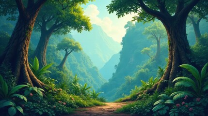 Fototapeta premium Serene Path Through Lush, Verdant Jungle Valley with Majestic Trees and Abundant Foliage