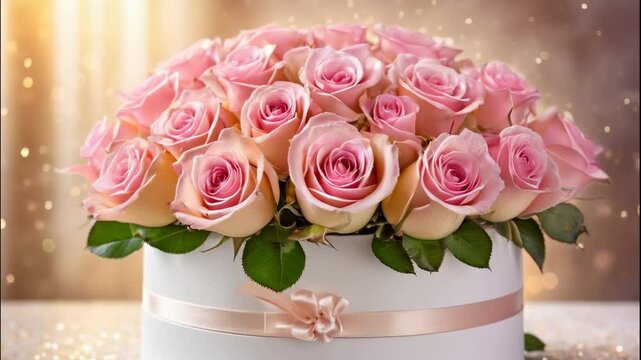 Large bouquet of pink roses in a hat box