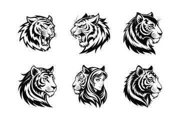 Bengal Tiger (Panthera tigris tigris) mammal animal, labeled silhouette vector art illustration.