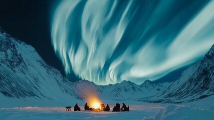 Majestic Aurora Borealis Display Over Snowy Mountains with Campers Around a Fire