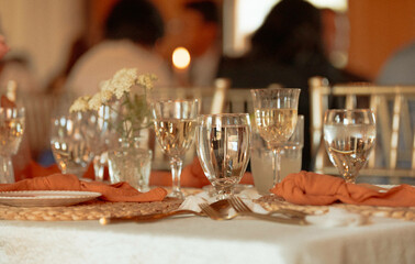 wedding reception dinner table display with fancy glasses
