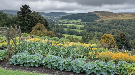 Hilltop garden overlooking valley, autumn colors, overcast sky. Use Travel brochure