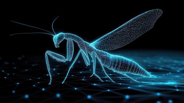 Digital representation of a praying mantis in a futuristic environment 3d visualization abstract concept