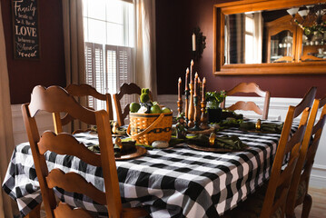 Dining room with tablecloth and festive spring centerpiece