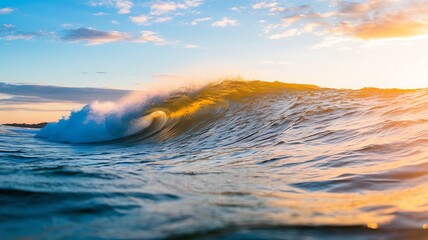 Fototapeta premium Golden Sunlight Reflecting on Ocean Waves at Sunset Along a Serene Coastline