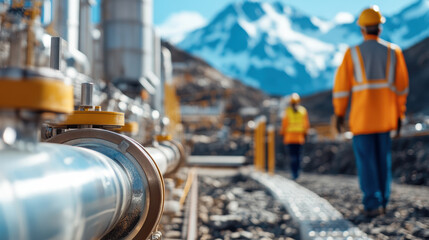 Fototapeta premium wide angle shot of geothermal energy facility in mountainous region, showcasing industrial pipelines, workers in safety gear, and scenic backdrop of snow capped peaks